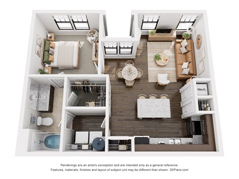 a 1 bedroom floorplan is shown in this rendering